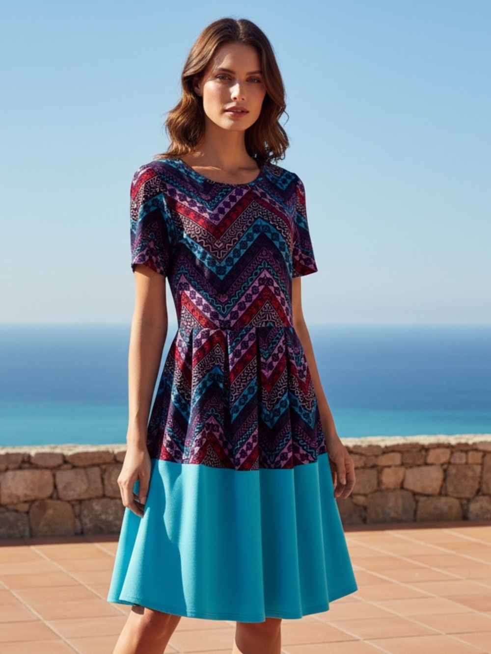 LuLaRoe Multicolor Chevron Midi Dress with Turquoise Skirt